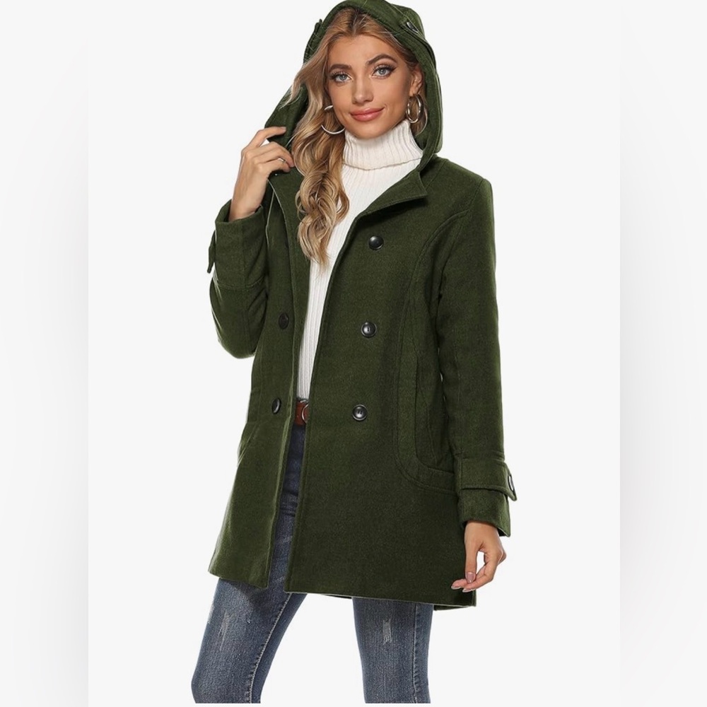 Tanming Women's Warm Double Breasted Wool Pea Coat Trench Coat Jacket with Hood